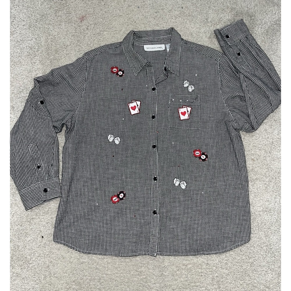 Victoria Jones Blouse with Embroidered Poker Theme Patches Size XL